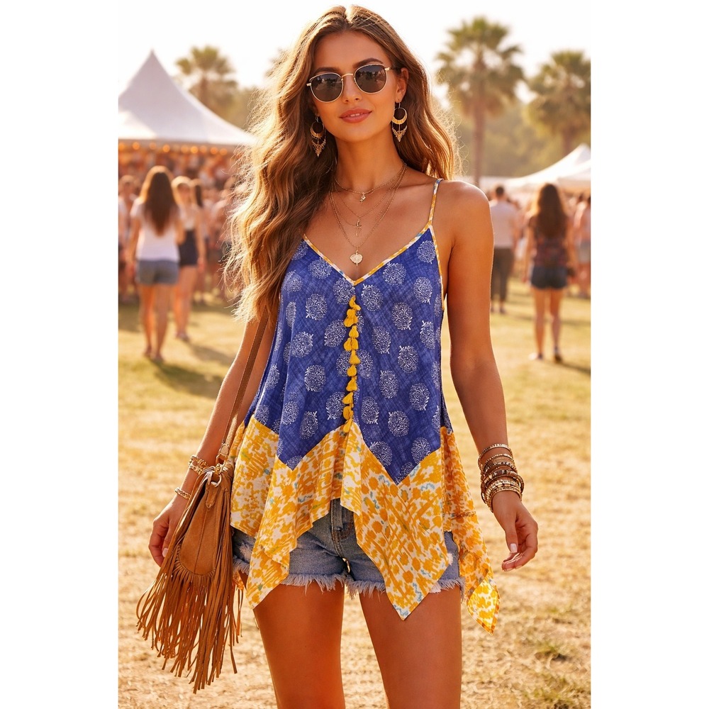 THML NWT Navy Goldenrod Yellow Handkerchief Hem Spaghetti Strap Festival Top